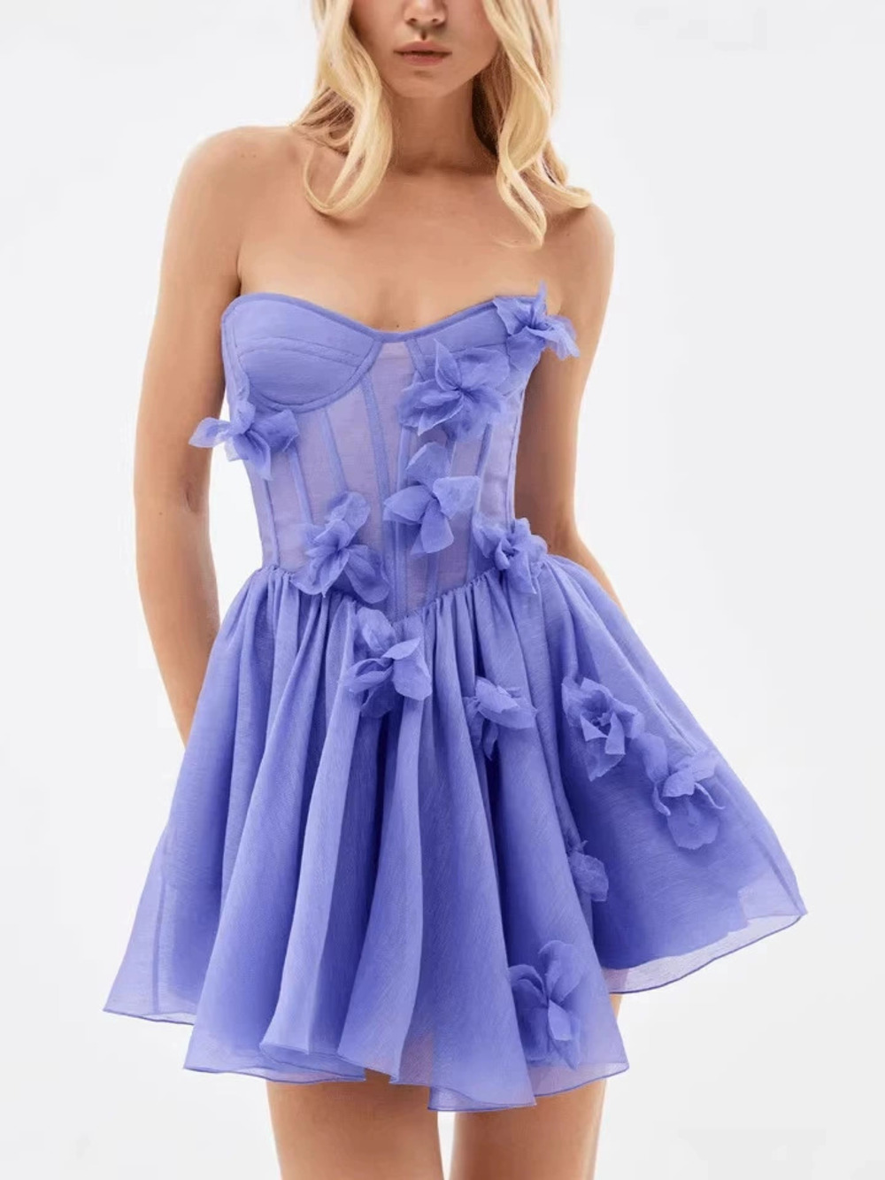 ZARA Fashion Strapless 3D Floral Fitted Waist Flared Short Dress